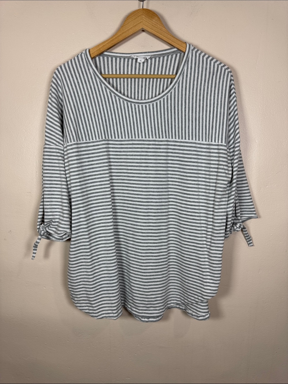 Neon Buddha Womens Striped Tie-Sleeve Top Gray White XL Cotton Stretch Nautical